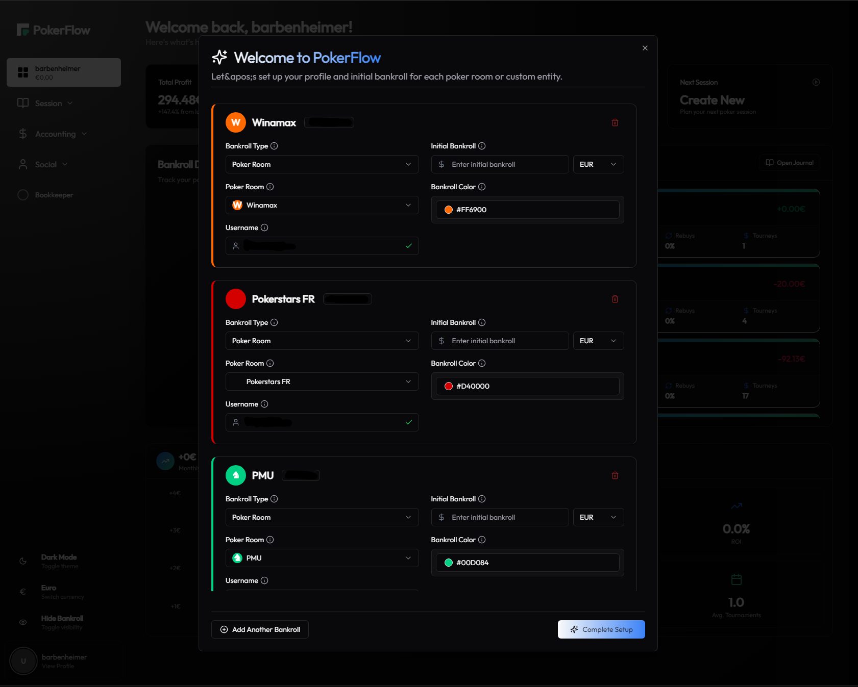 Interface d'initialisation des bankrolls